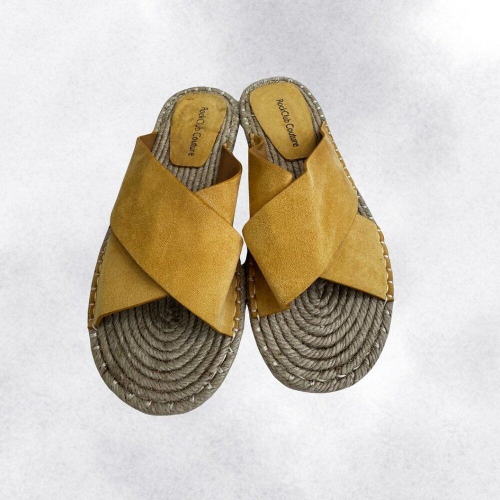 RockClub Couture Women's Mustard Yellow Suede Strap Espadrille Slides Size 9 - Picture 4 of 8